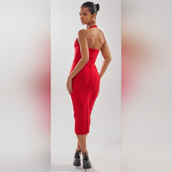 ​Red Hot Confidence: The Sculpting Halter Midi By AKIRA - Picture 2 of 5